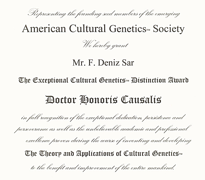 American Cultural Genetics Society - Doctor Honoris Causalis Award - New York - USA - 2001