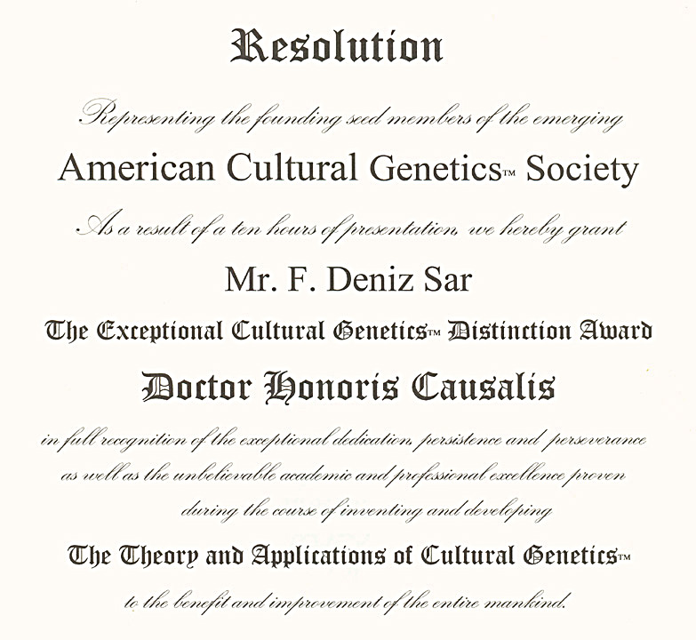 American Cultural Genetics Society - Doctor Honoris Causalis Award - New York - USA - 2001